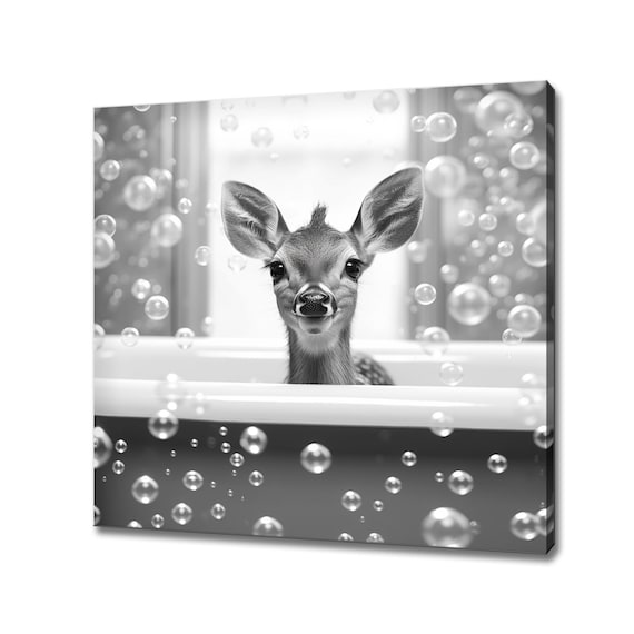 Cute Baby Deer In A Bubble Bath Black And White Nursery Art Print