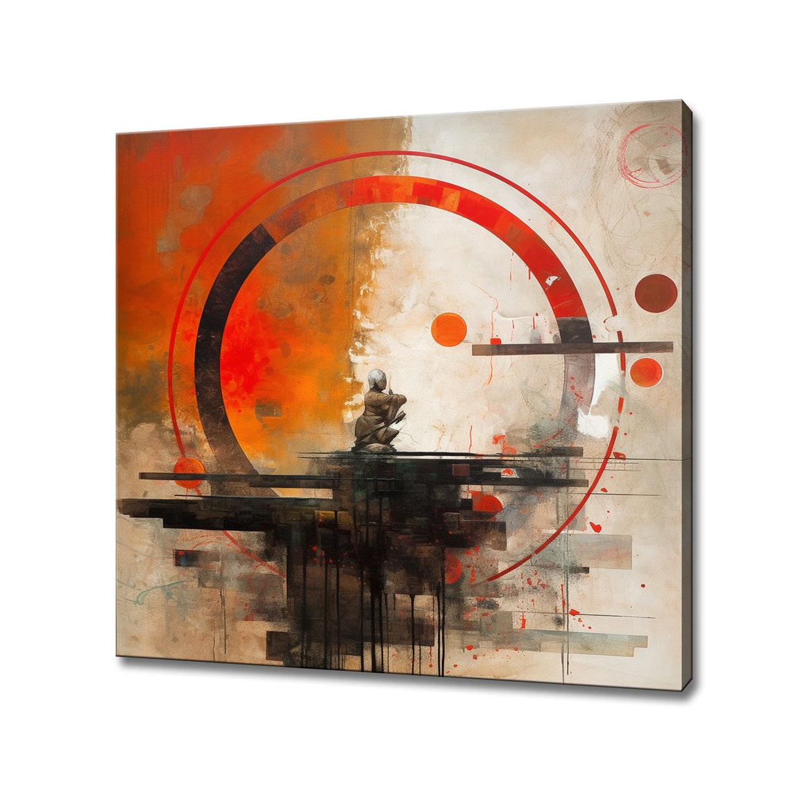 Red Circle Abstract Meditation Figure Warm Earth Tone Wall Art Print