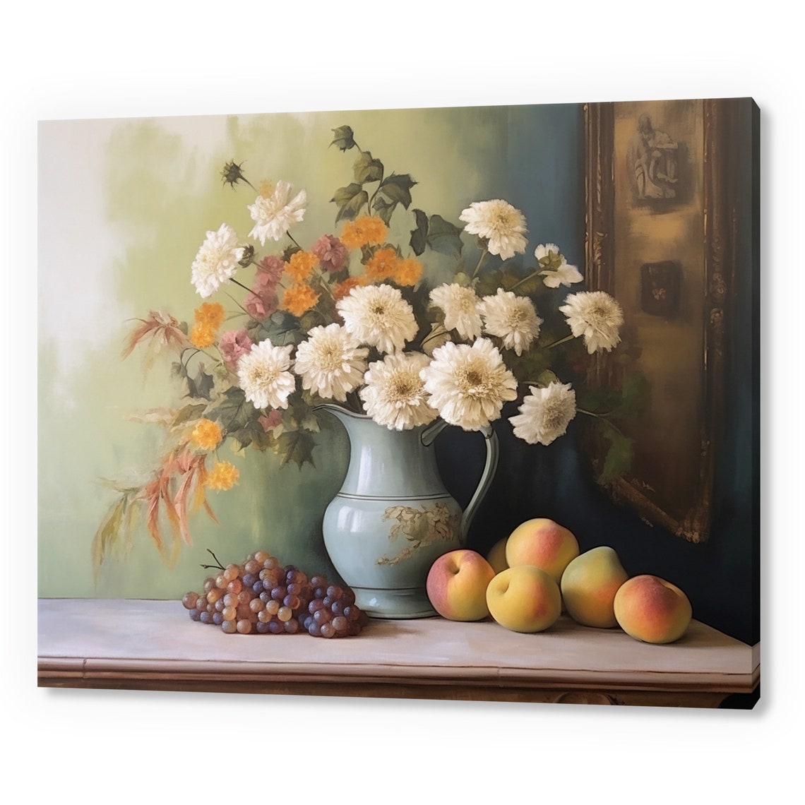 White Chrysanthemums In Pitcher With Grapes Fruit Still Life Poster