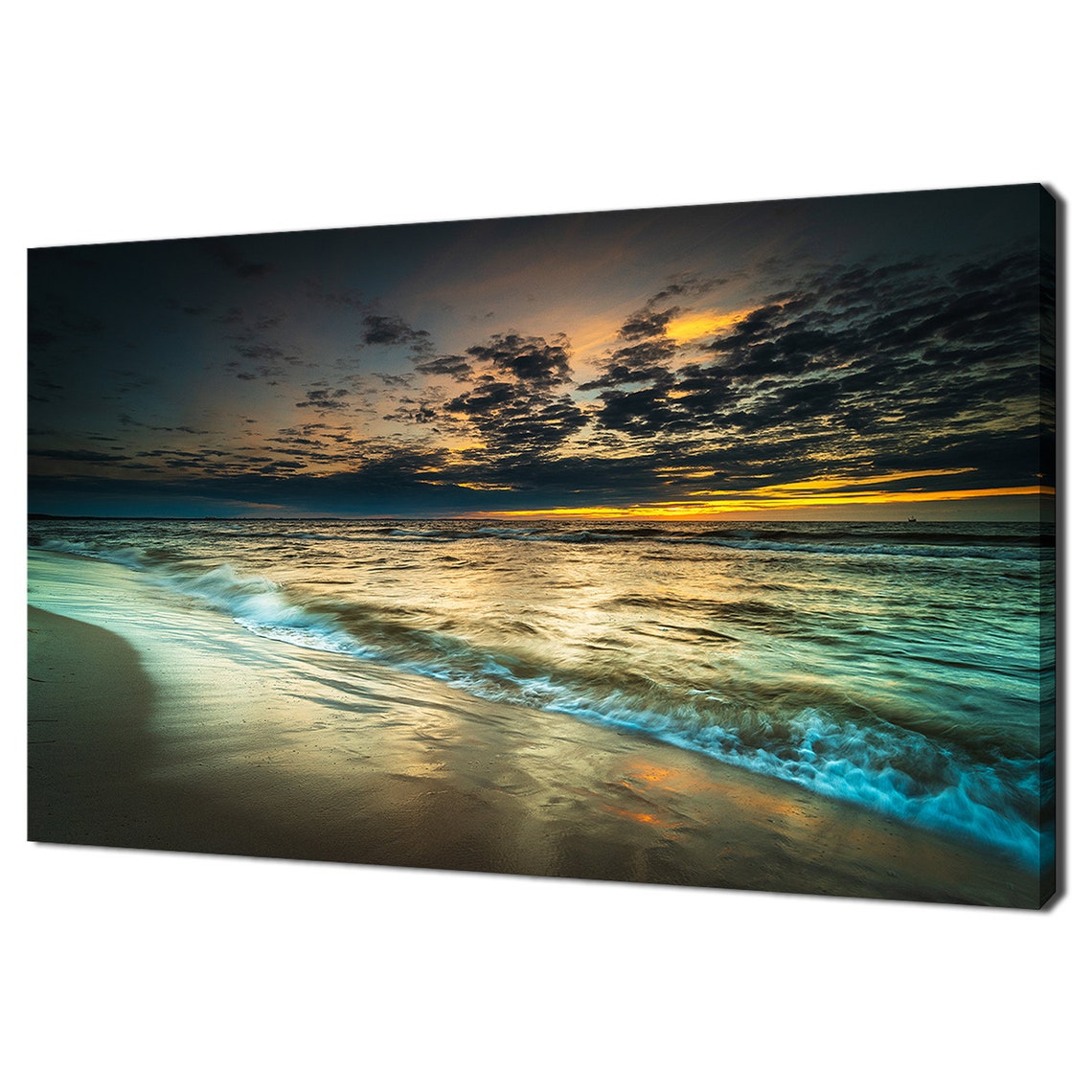 Golden Green Sunset Over Foamy Ocean Waves Dramatic Sky Wall Poster