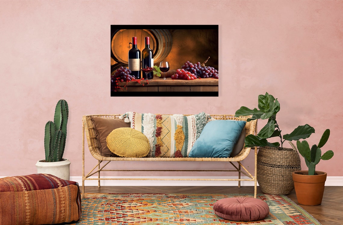 Two Red Wine Bottles Glasses Grapes Barrel Dark Cellar Art Print - Image 4