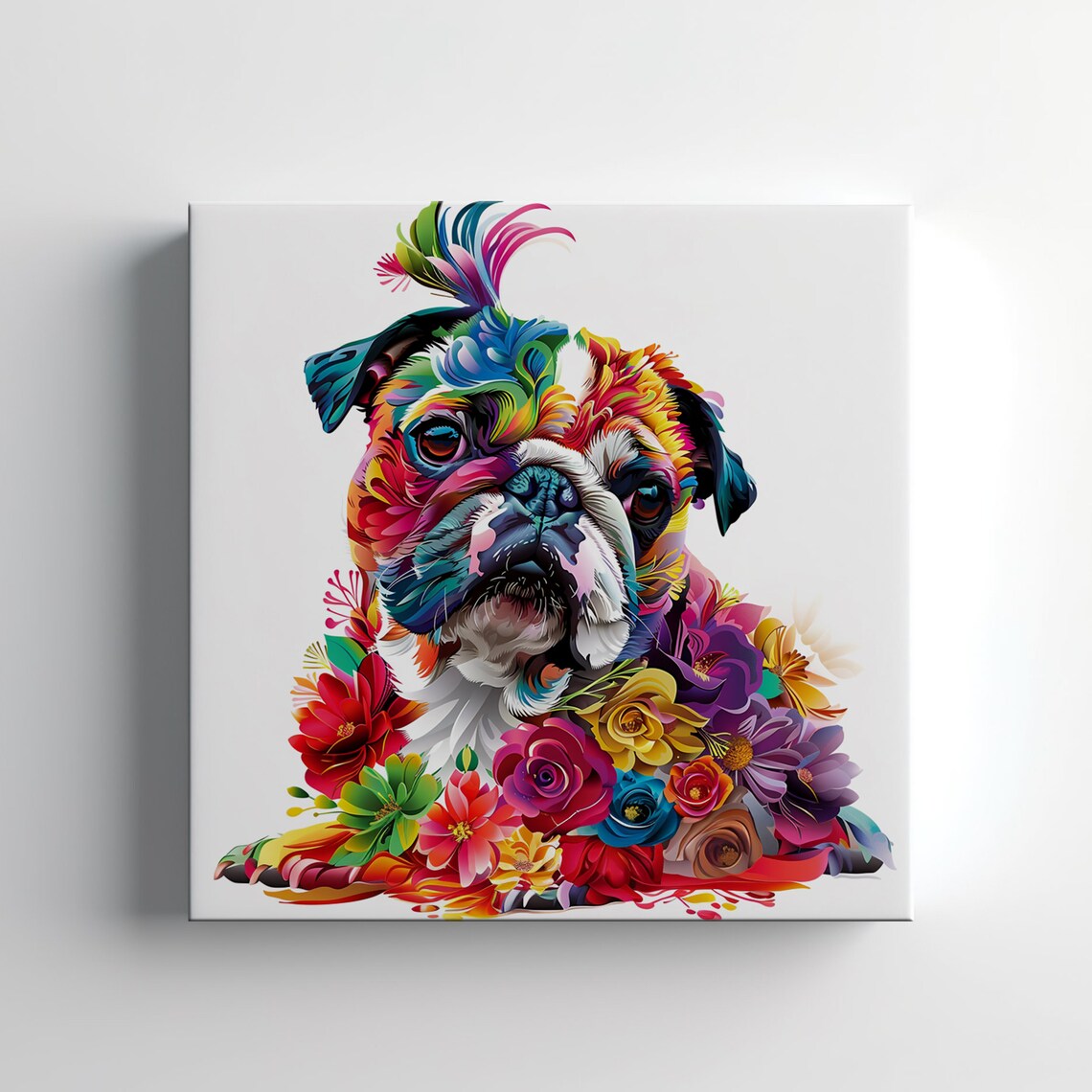 English Bulldog Colorful Floral Portrait Cute Dog Lover Wall Art