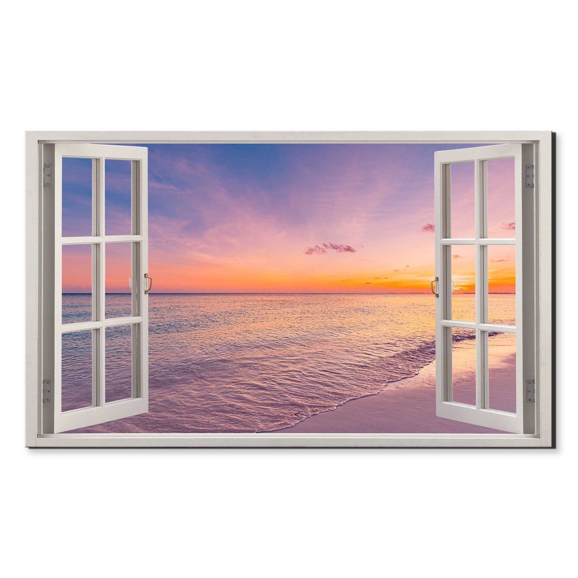 Purple Pink Sunset Over Ocean Beach Through Open Window View Poster