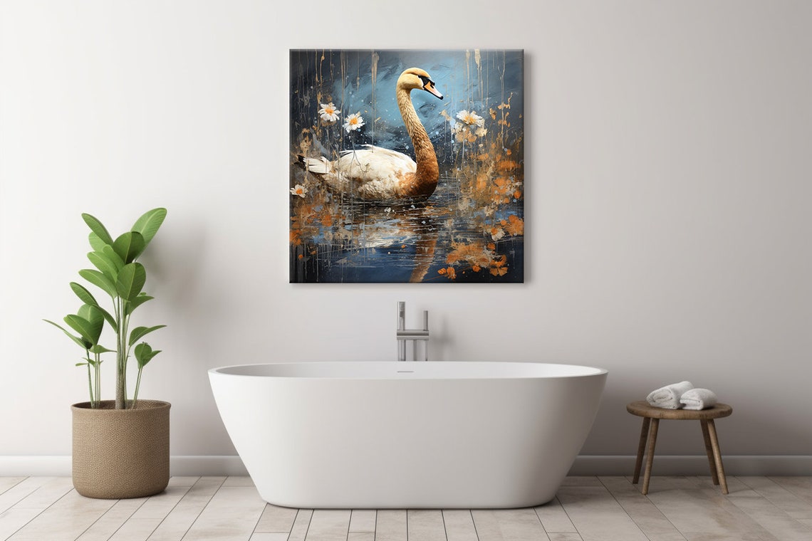 Swan Gliding On Moody Grey Waters With Daisies Artistic Lake Poster - Image 3
