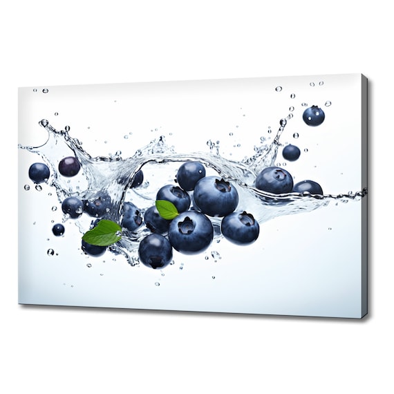 Blueberries Fruits Water Splash Print Colourful Kitchen Wall Art Fruit Print Modern Kitchen Restaurant Wall Decor