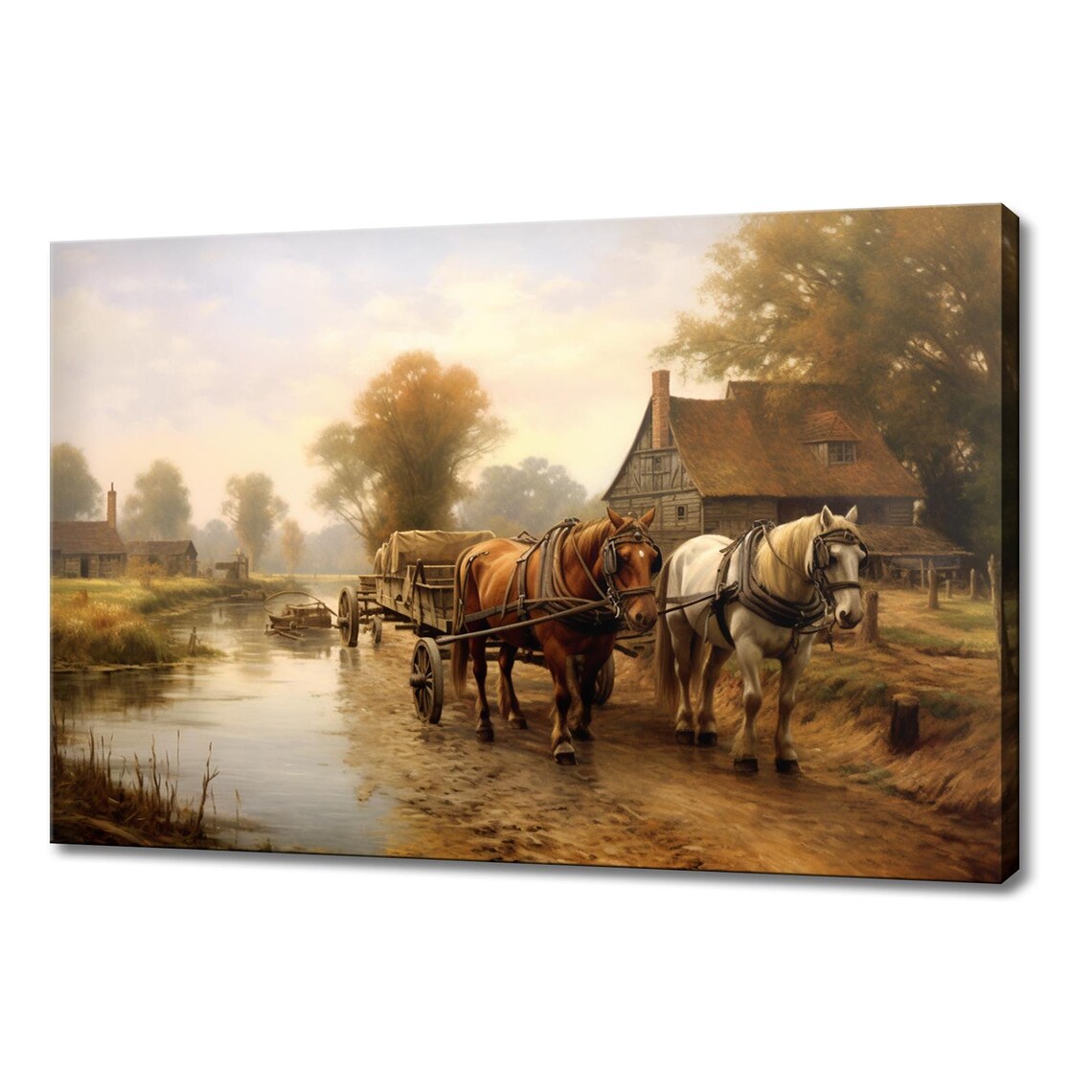 Horses Pulling a Wooden Wagon, Vintage Farmhouse Art Print
