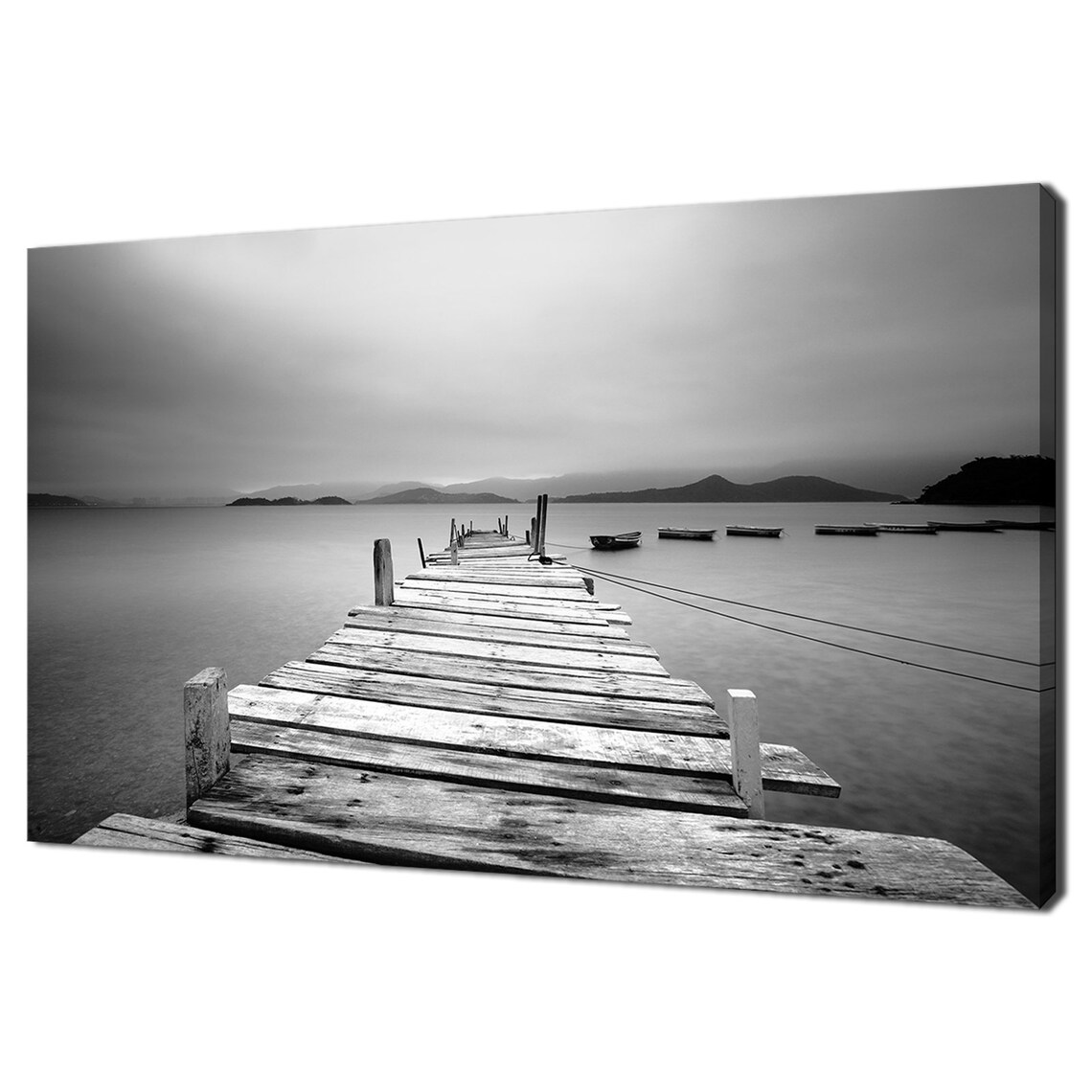 Old Wooden Pier Black White Calm Water Boats Moody Seascape Art Poster
