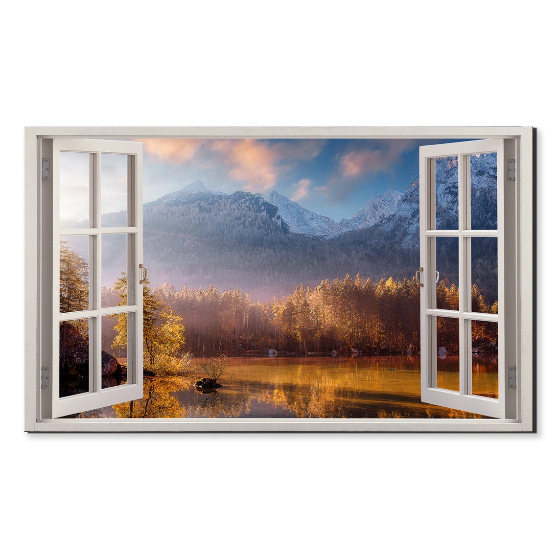 Sunset At Hintersee Lake Bavarian Alps Window View Window Frame Style Modern Design Home Decor Print Wall Art Picture Ready To Hang