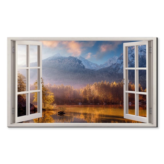 Sunset At Hintersee Lake Bavarian Alps Window View Window Frame Style Modern Design Home Decor Print Wall Art Picture Ready To Hang