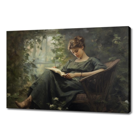 Woman Reading Book In Green Dress Leafy Conservatory Vintage Art Poster