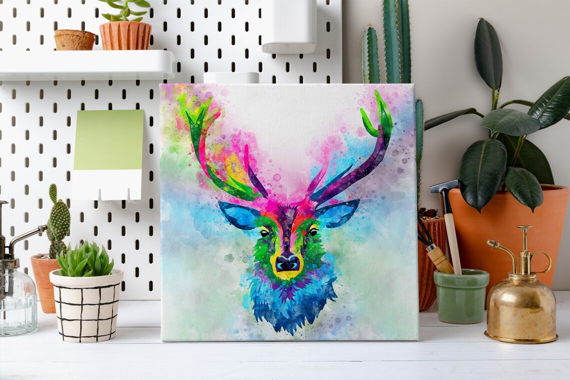 Stag Deer Antlers Rainbow Watercolour Colourful Woodland Animal Art Poster - Image 2