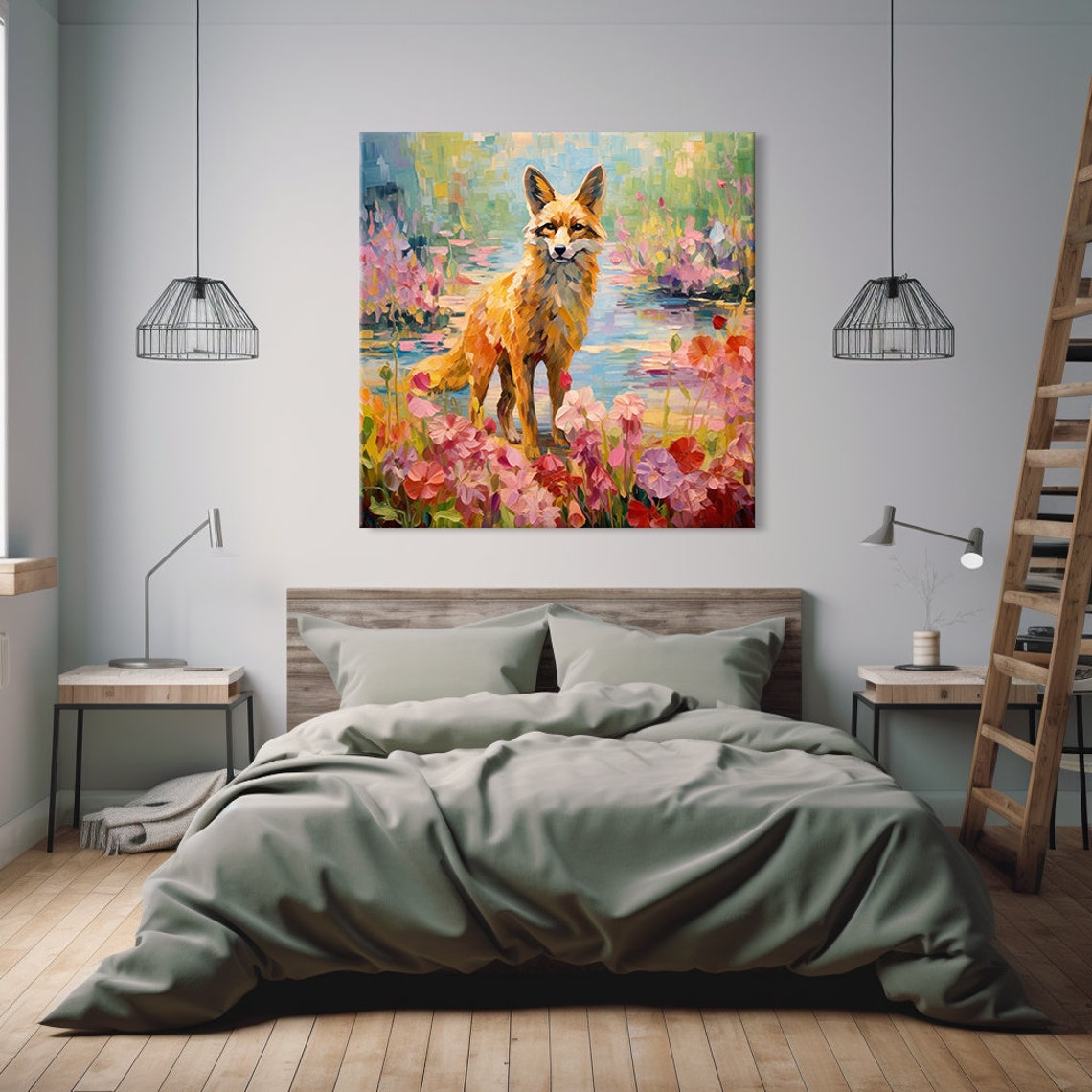 Red Fox Lakeside Pink Wildflowers Impressionist Wildlife Art Print - Image 2