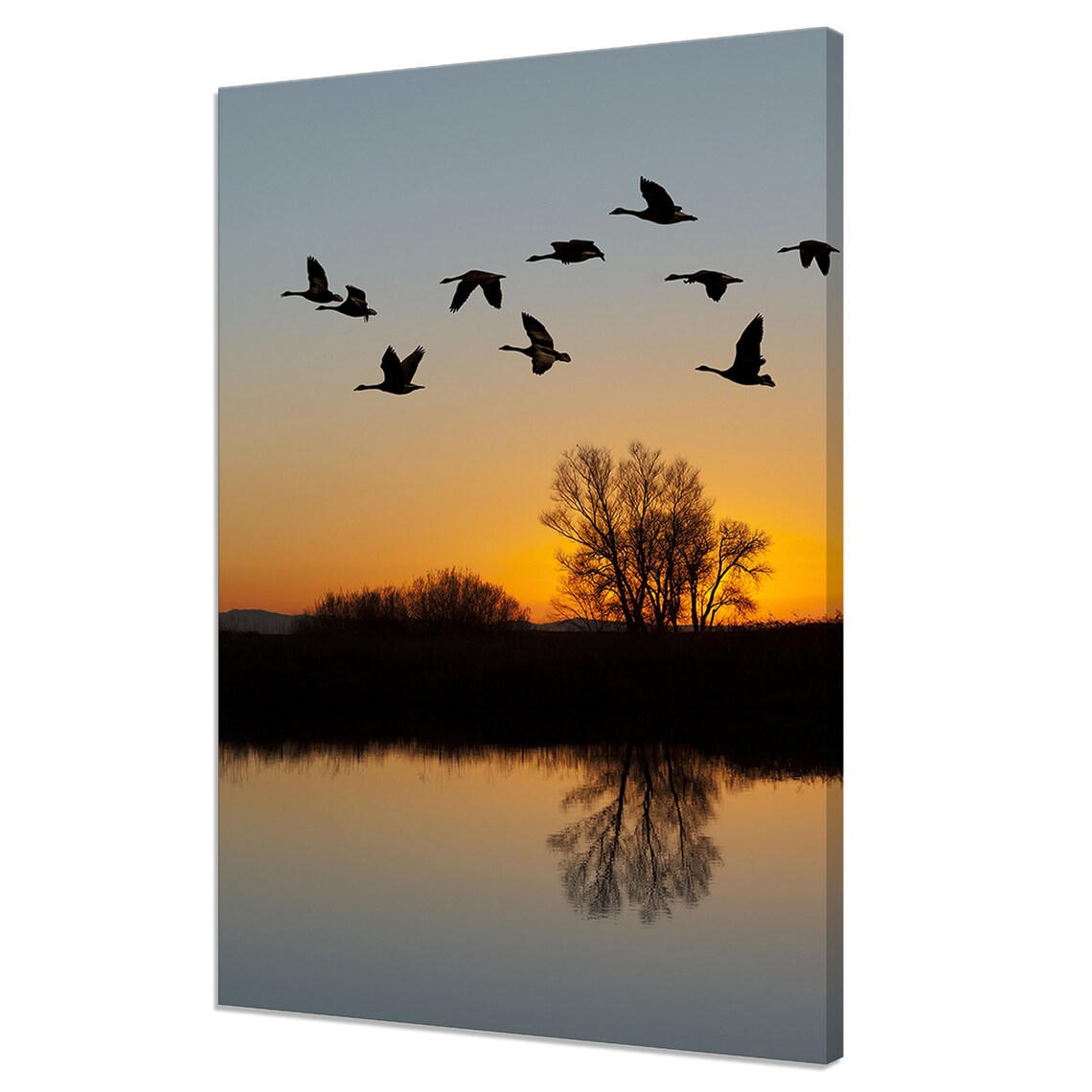 Geese Over Lake at Sundown, Modern Wall Art Print