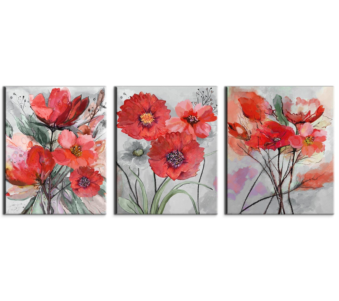 Red Poppy Flowers Watercolour Triptych Three Panel Wall Art Print