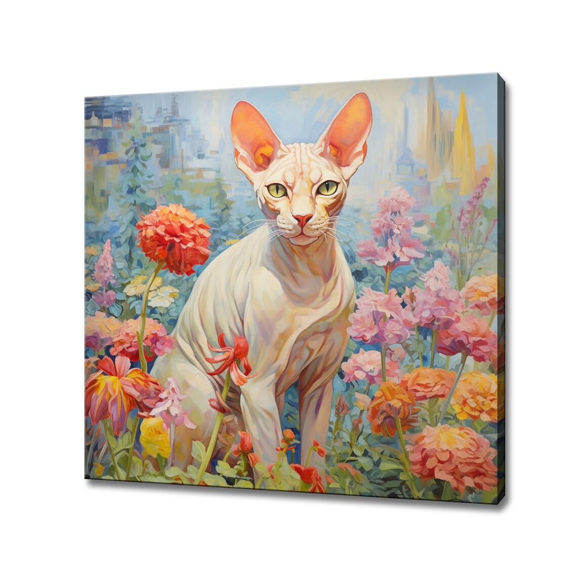 White Sphynx Cat Colourful Flower Garden Green Eyes Pet Portrait Print