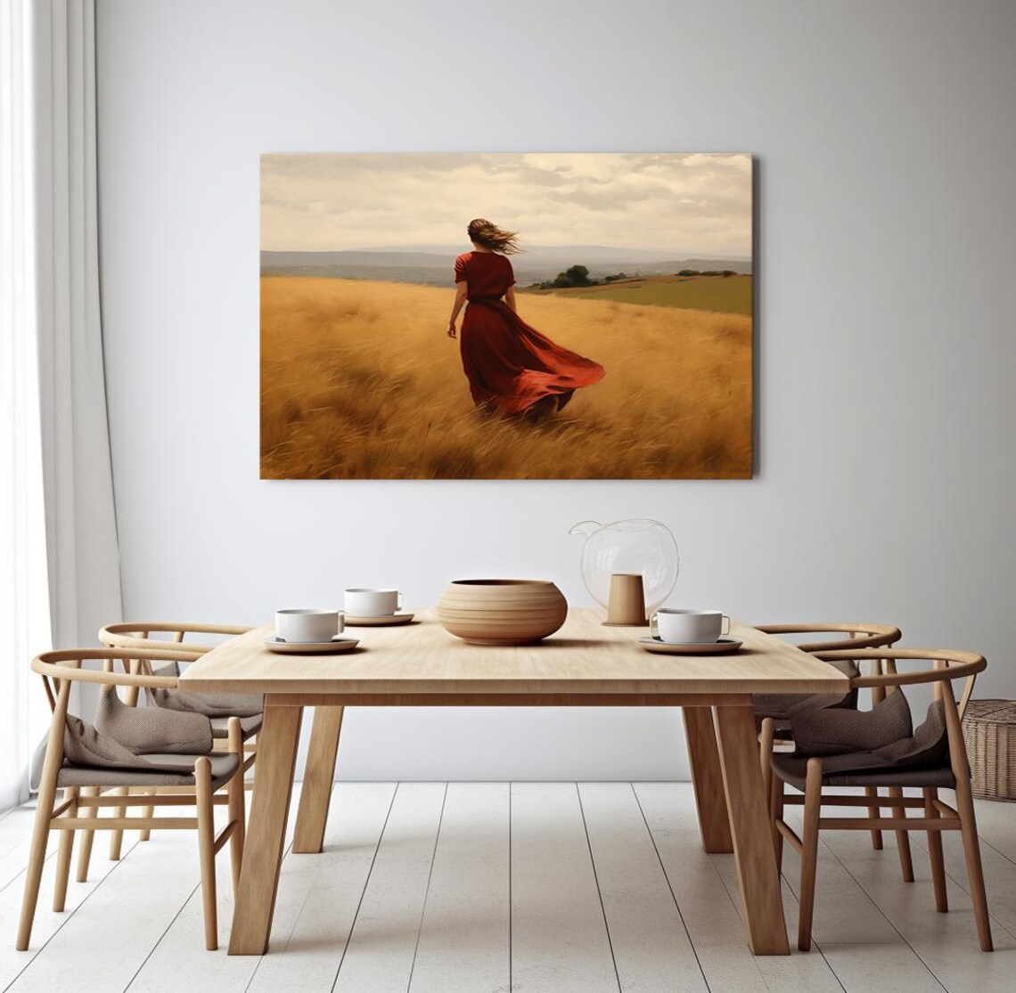 Woman In Red Dress Walking Golden Wheat Field Wind Vintage Art Poster - Image 4