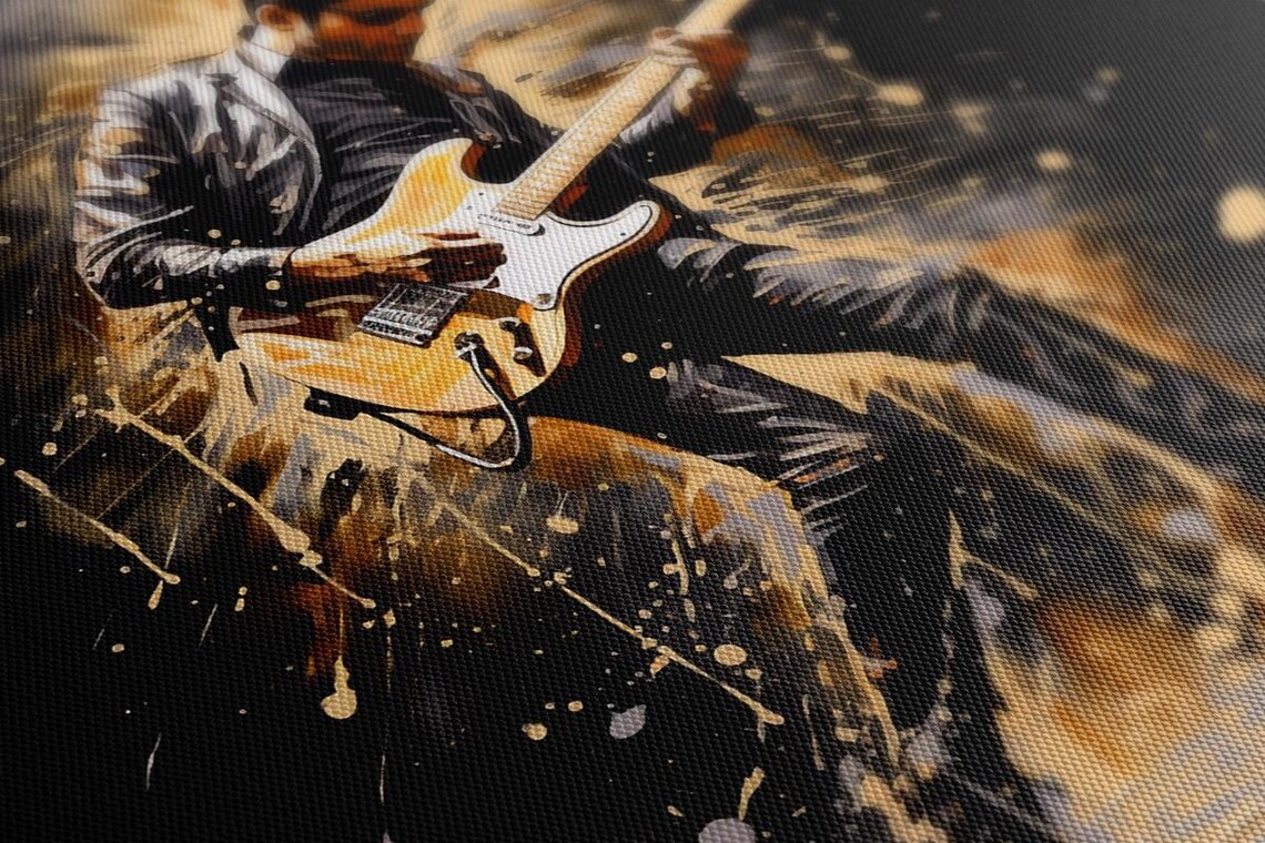 Rock Guitarist Leather Jacket Stage Performance Black Gold Music Poster - Image 2