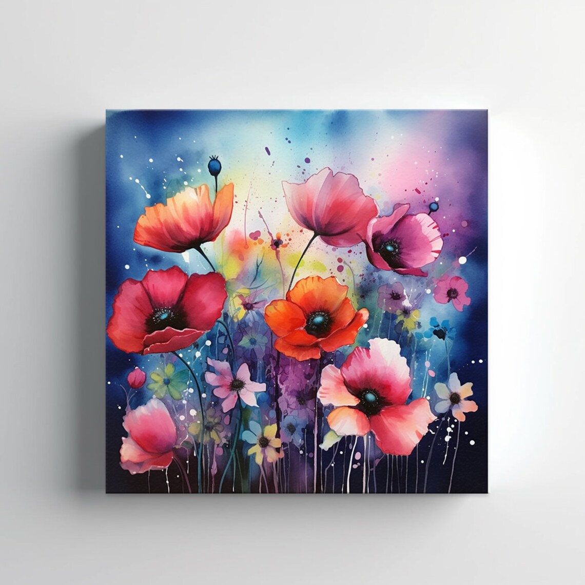 Red Pink Poppies Watercolour Deep Blue Night Bloom Floral Art Poster