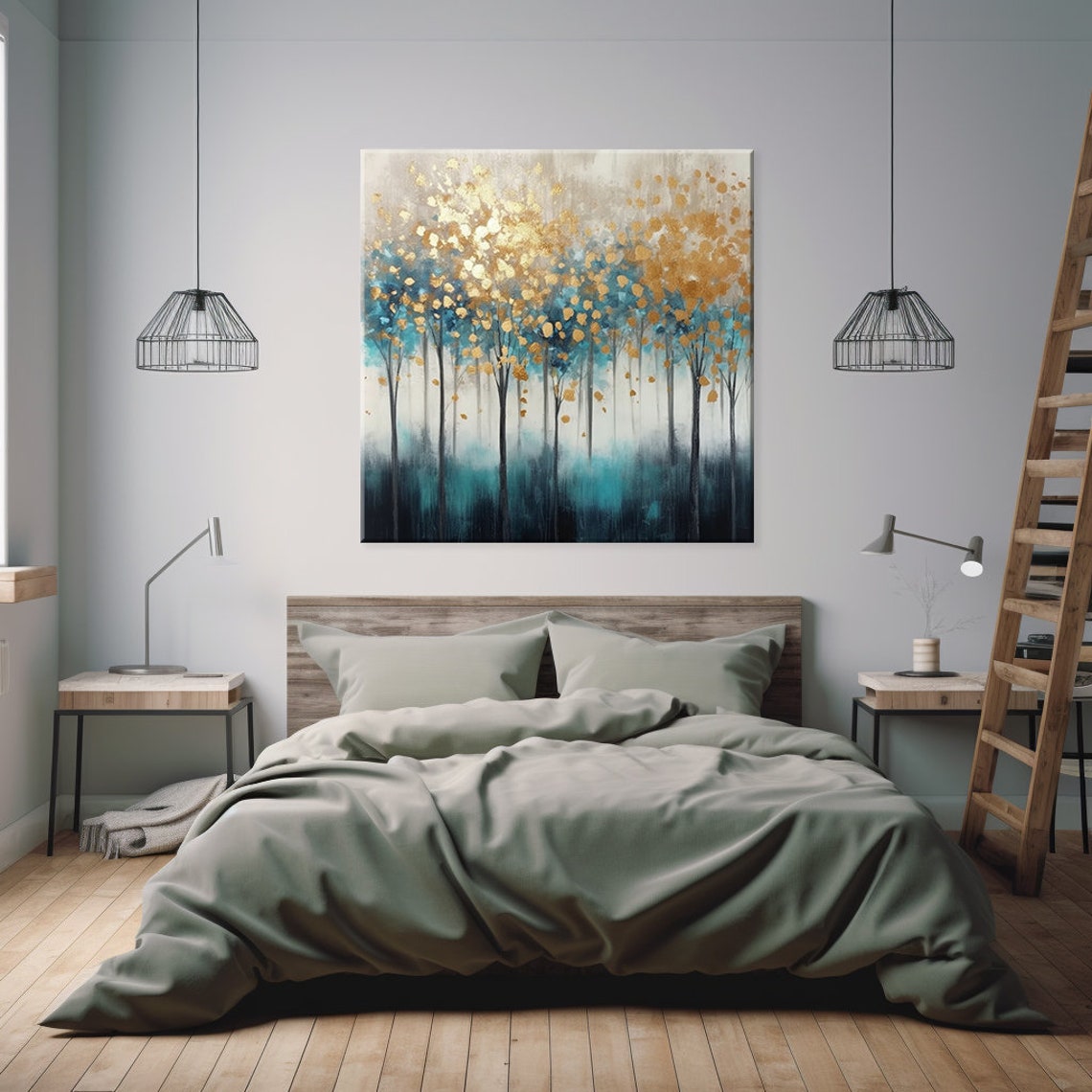Abstract Gold Leaf Treetops Teal Forest Square Modern Wall Poster - Image 2