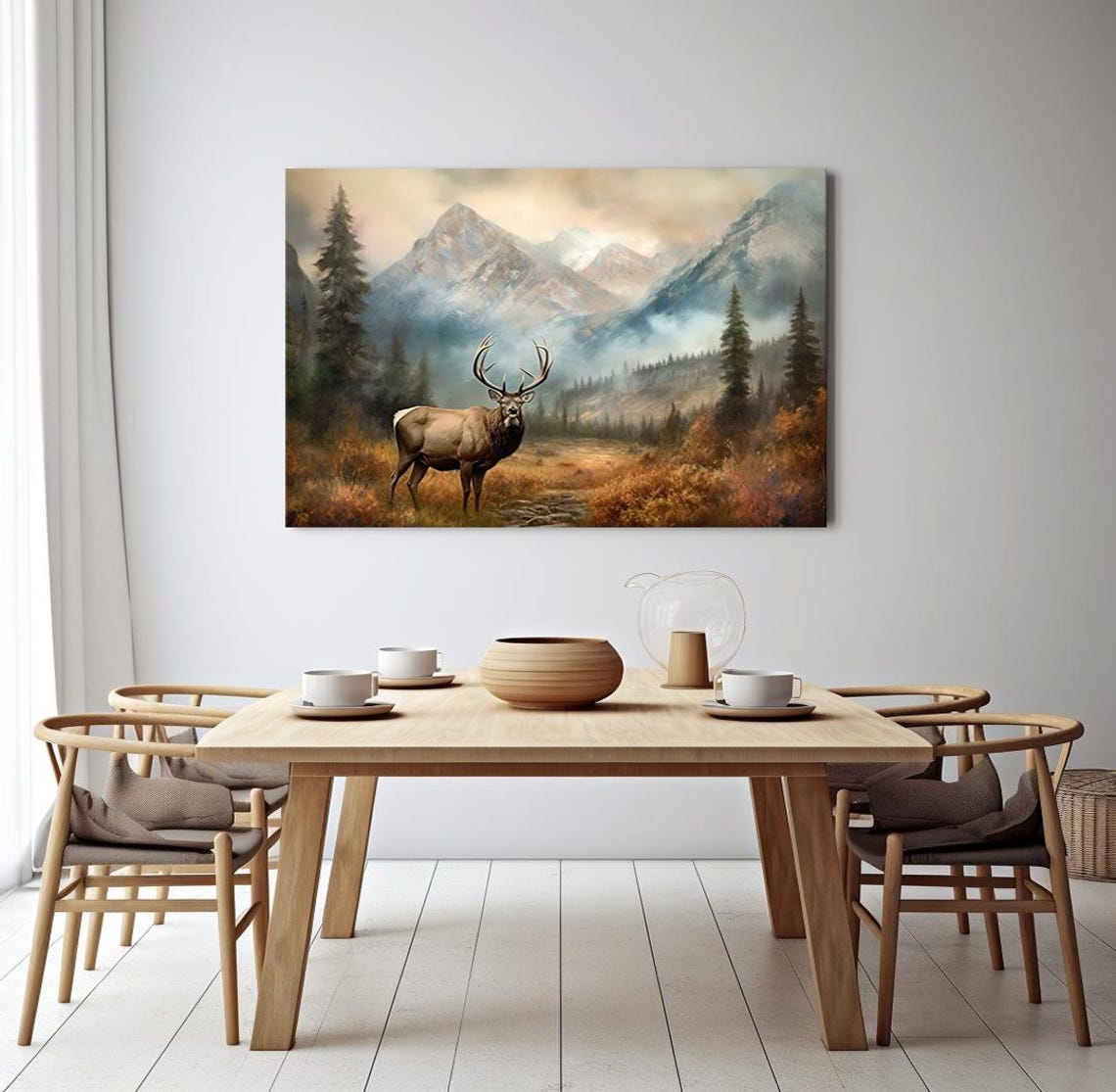 Bull Elk In Misty Autumn Valley Mountain Backdrop Vintage Art Poster - Image 3
