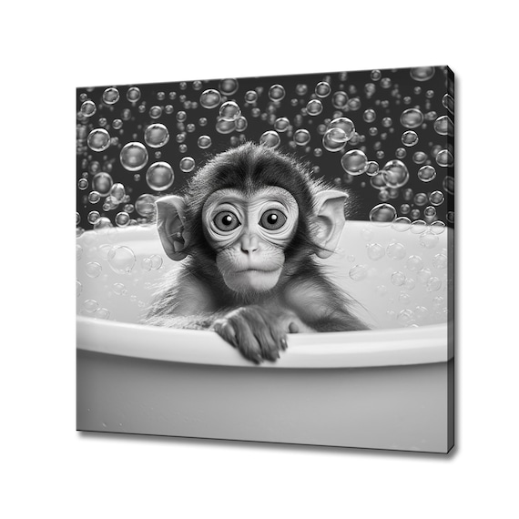 Cute Baby Monkey In A Bubble Bath Black And White Nursery Art Print