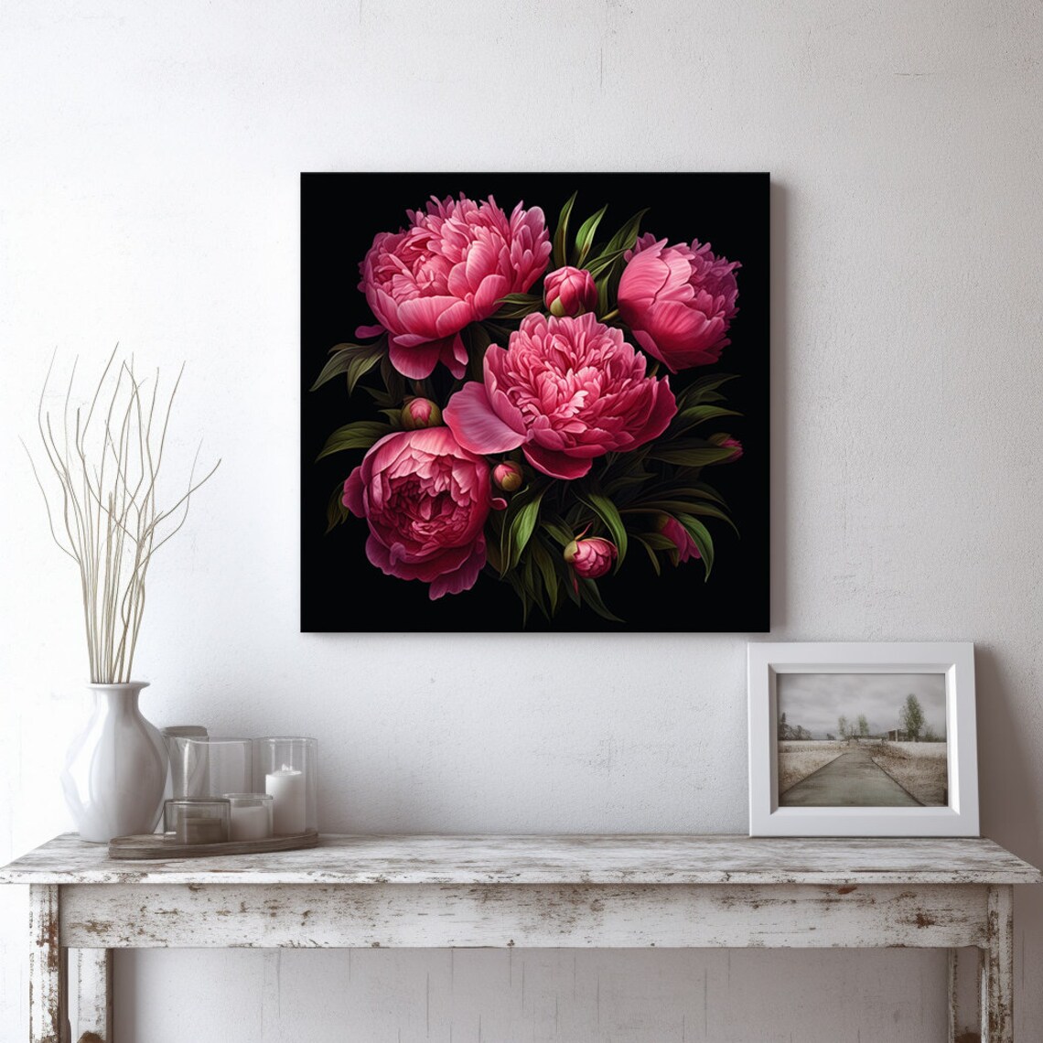 Dark Pink Peonies On Black Background Elegant Botanical Art Print - Image 2