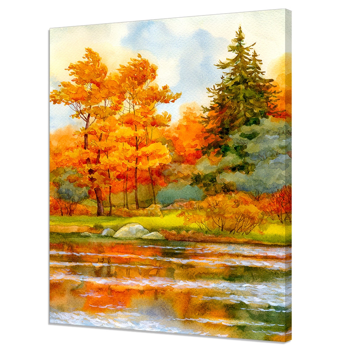 Autumn Lake Watercolor Orange Golden Trees Fall Foliage Art Print