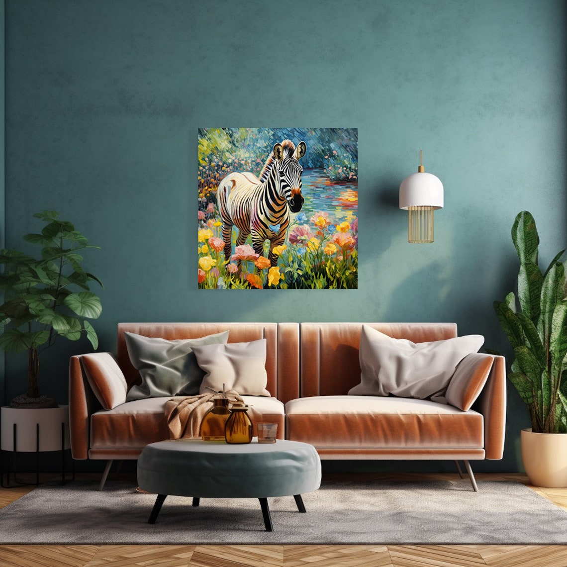 Zebra In Colorful Flower Meadow By Pond Whimsical Painting Wall Art - Image 2
