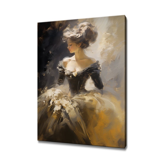Elegant Lady In Golden Brown Victorian Baroque Puffy Dress Painting Style Print Modern Home Decor Fashion Wall Art Gift For Her
