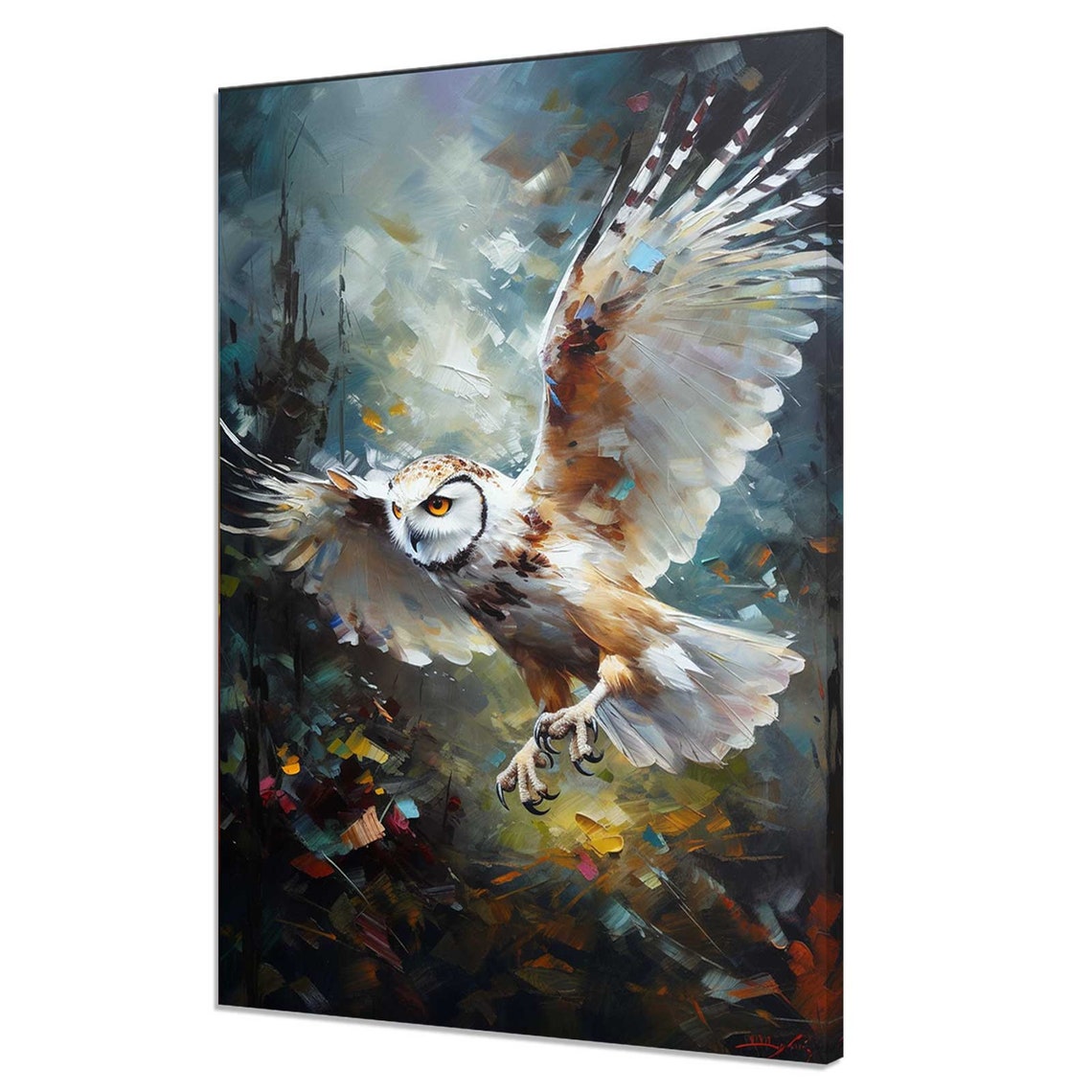 White Owl Swooping Flight Impressionist Bird of Prey Oil Art Poster