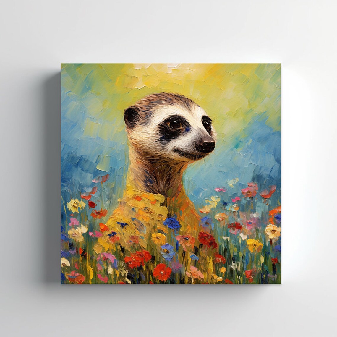 Curious Meerkat Portrait in Wildflower Meadow Impasto Painting Poster - Image 3