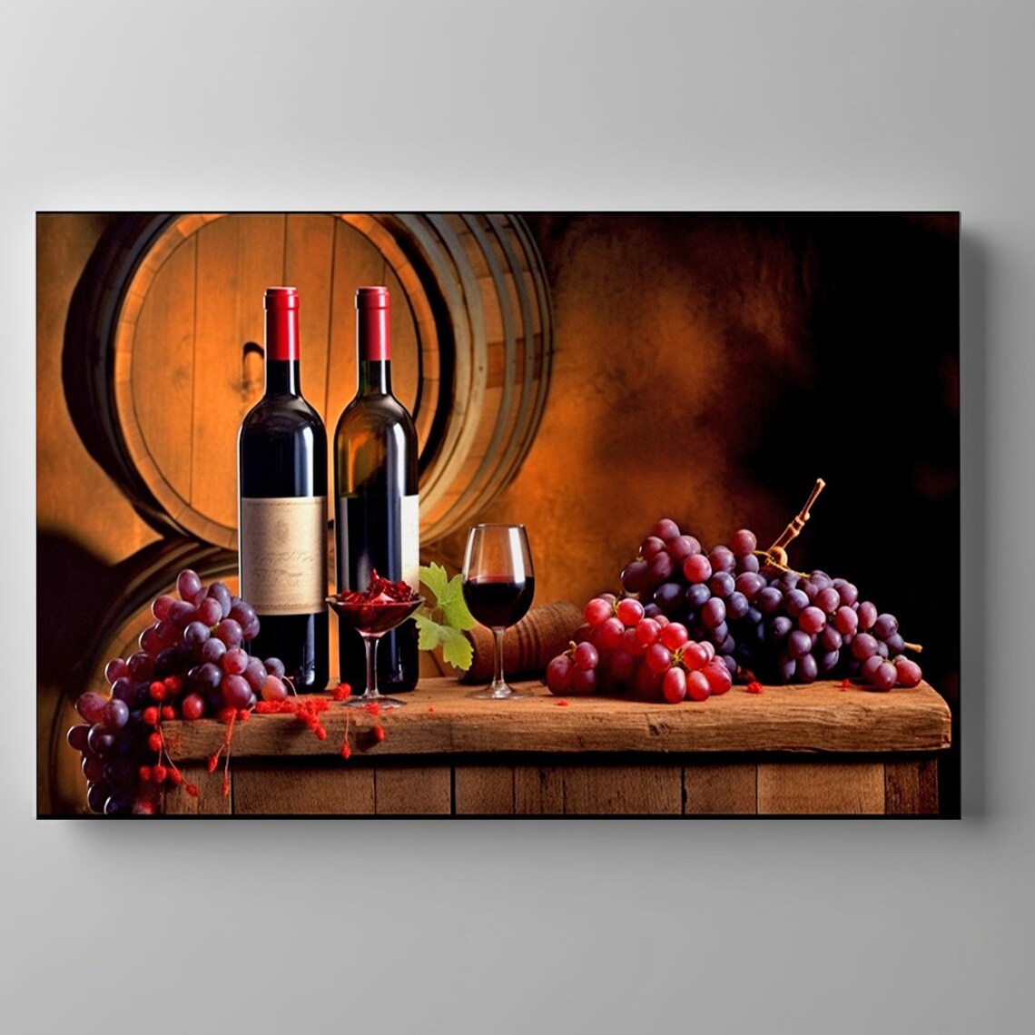 Two Red Wine Bottles Glasses Grapes Barrel Dark Cellar Art Print - Image 3
