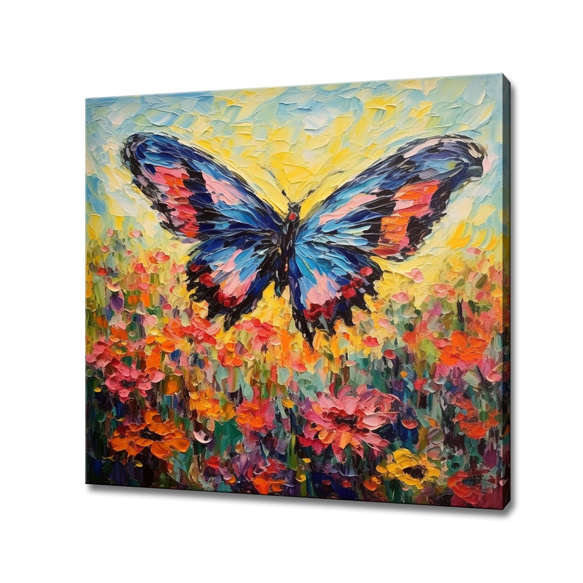 Vibrant Butterfly Over Sunset Flower Field Impasto Oil Art Poster