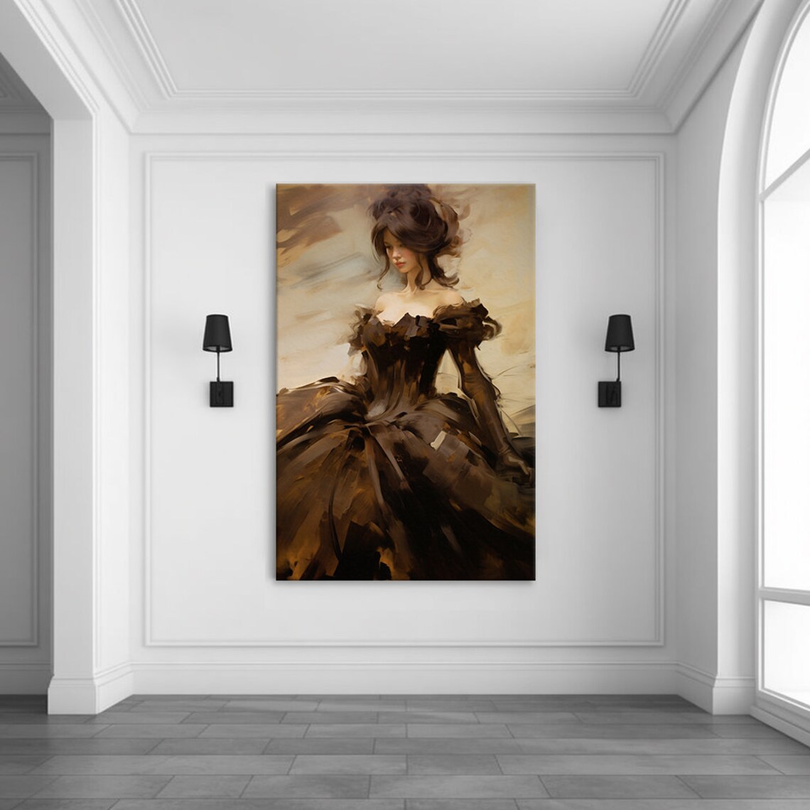 Elegant Lady in Warm Brown Victorian Gown Sepia Romantic Art Poster - Image 3