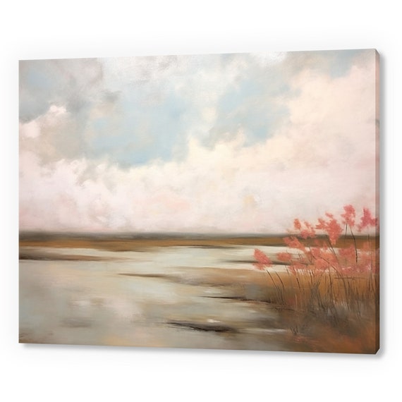 Vintage Country Lake Flowers Landscape Pastel Moody Painting Style Print Farmhouse Decor Art Neutral Nature Picture Wall Hanging