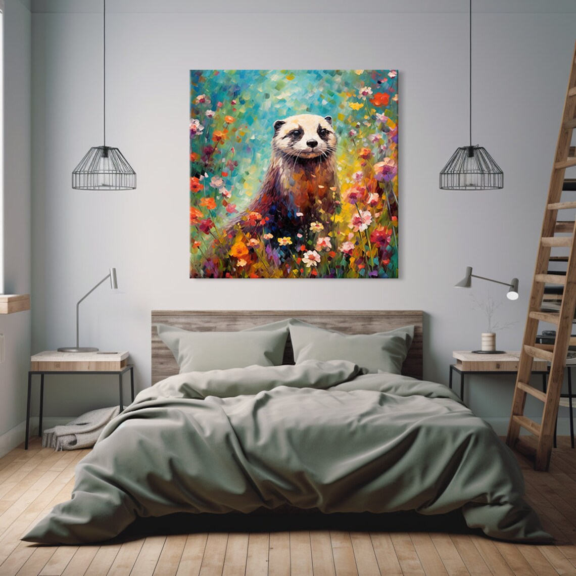 Ferret Portrait In A Bright Wildflower Field Painting Poster - Image 2