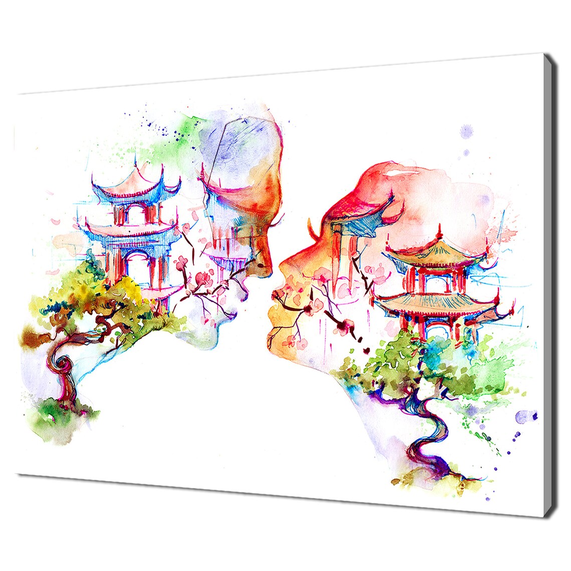 Chinese Pagoda Watercolor Loving Couple Blossom Kiss Wall Art Poster