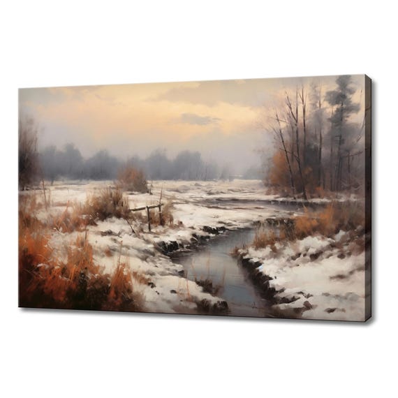 Winter Snowy River Landscape Vintage Painting Style Print Farmhouse Decor Art Picture Wall Hanging Fine Art Print