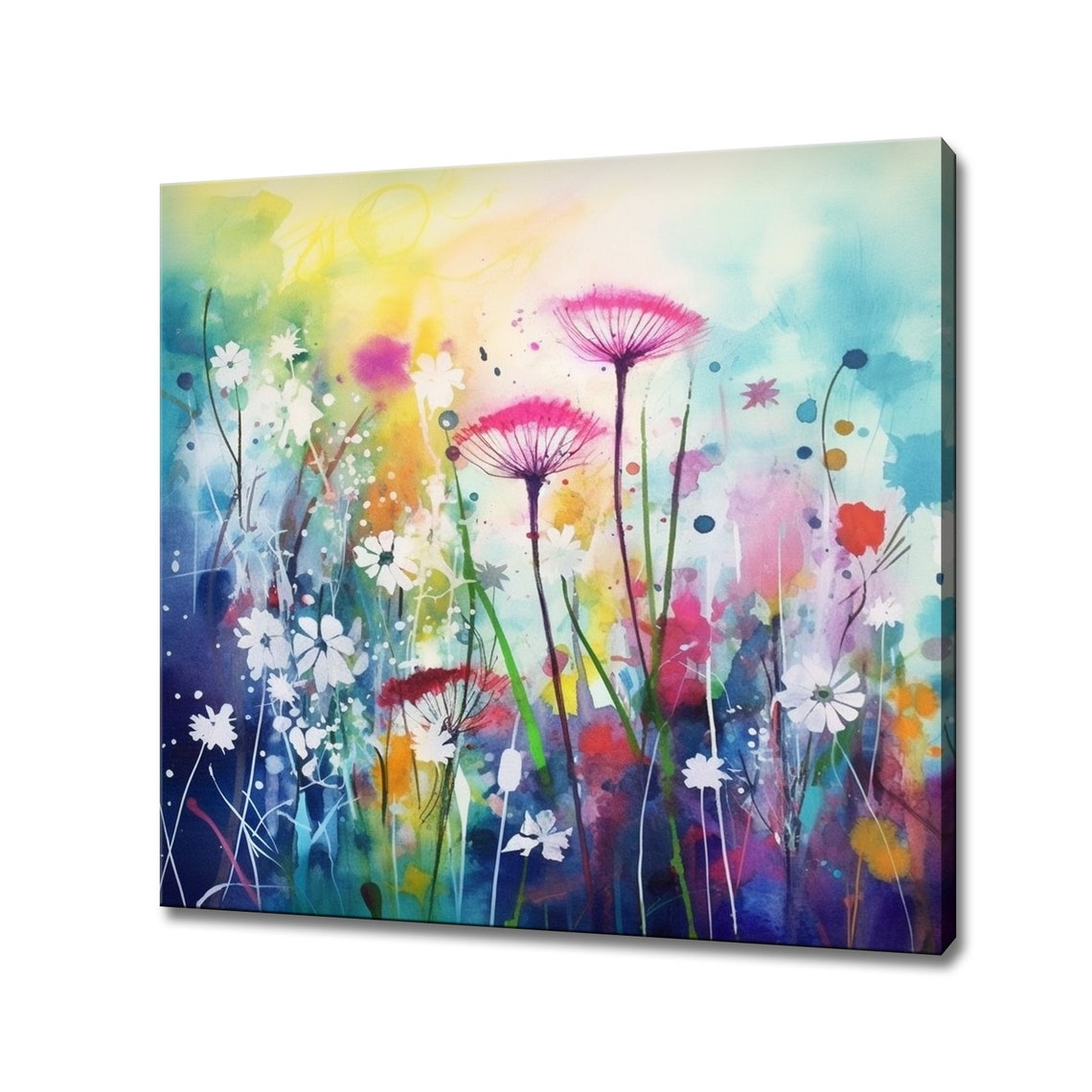 Pink Thistle Seed Heads White Daisies Watercolor Wildflower Poster