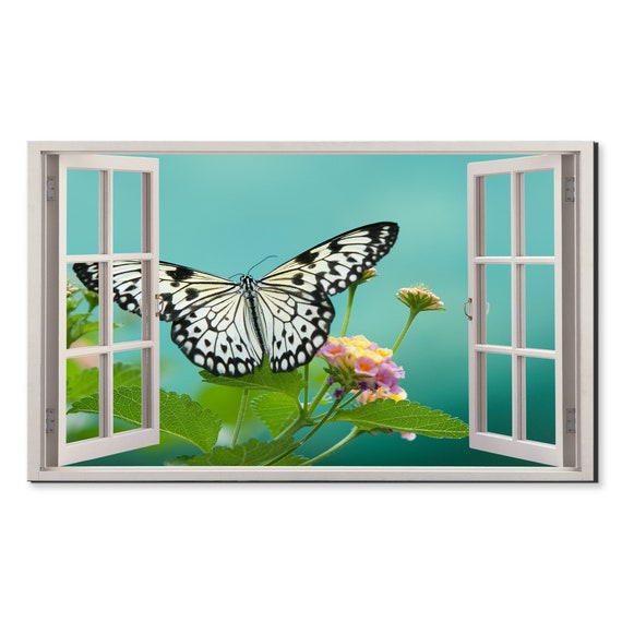 Butterfly On Flowers Window View Window Frame Style Modern Design Home Decor Print Wall Art Picture Ready To Hang