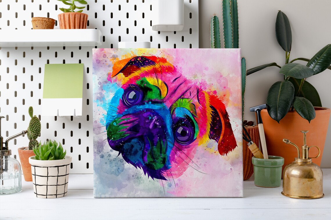 Cute Colourful Pug Rainbow Watercolour Dog Portrait Face Poster - Image 2