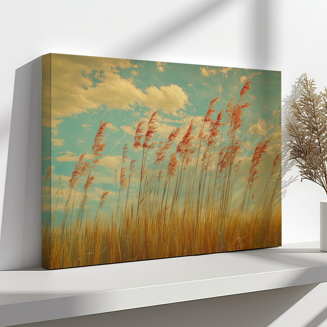 Autumn Golden Grass Field Reeds Vintage Turquoise Sky Clouds Poster - Image 4