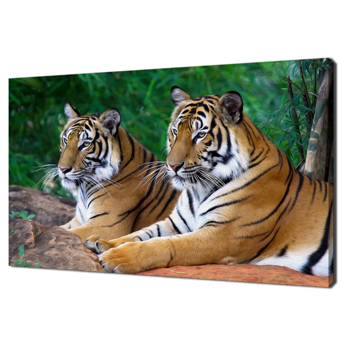 Two Tigers Resting on Rock Jungle Oil Painting Style Big Cats Wildlife Wall Art Print