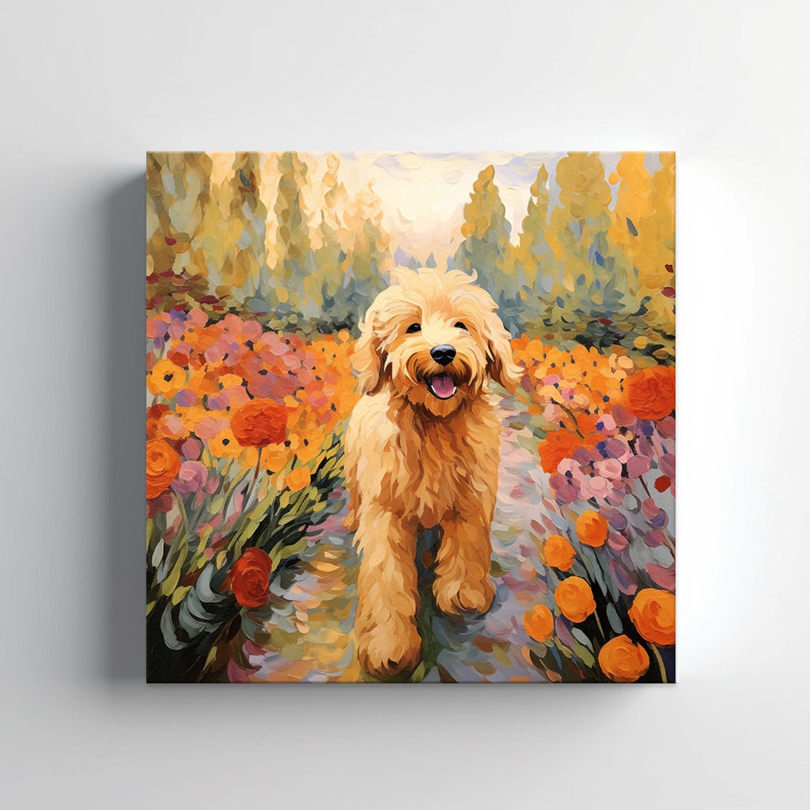 Fluffy Golden Doodle Puppy Garden Flowers Painting Wall Print - Image 3