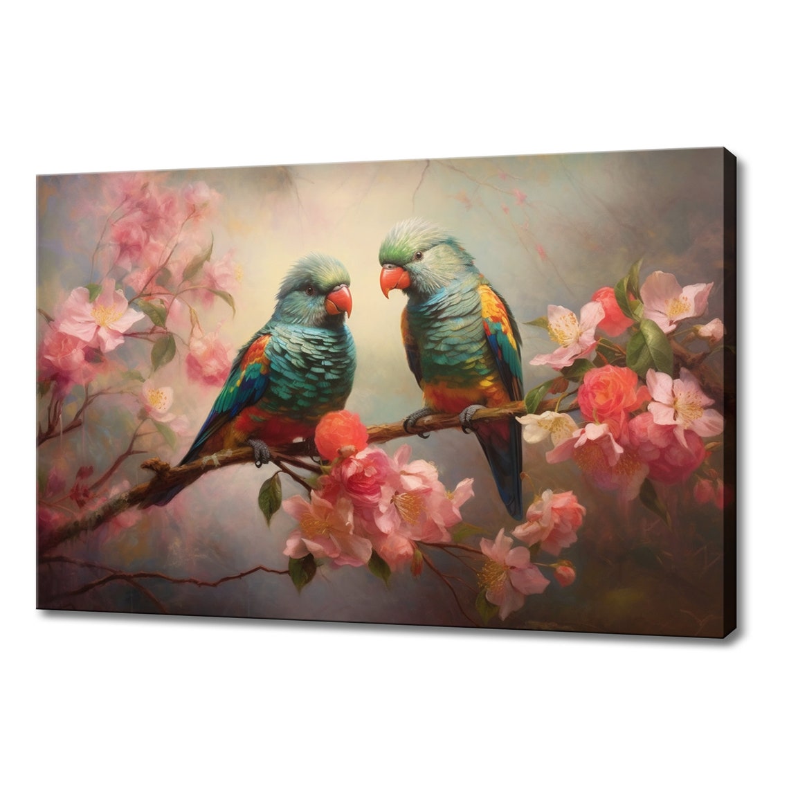 Two Vibrant Parrots Facing Each Other On Blossoming Branch Wall Art