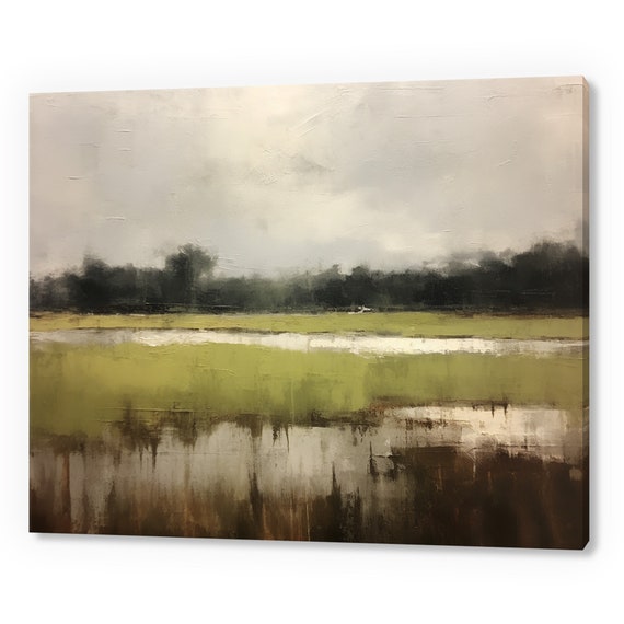 Rustic Vintage Country Landscape Lake Muted Moody Painting Style Print Farmhouse Decor Art Neutral Nature Picture Wall Hanging