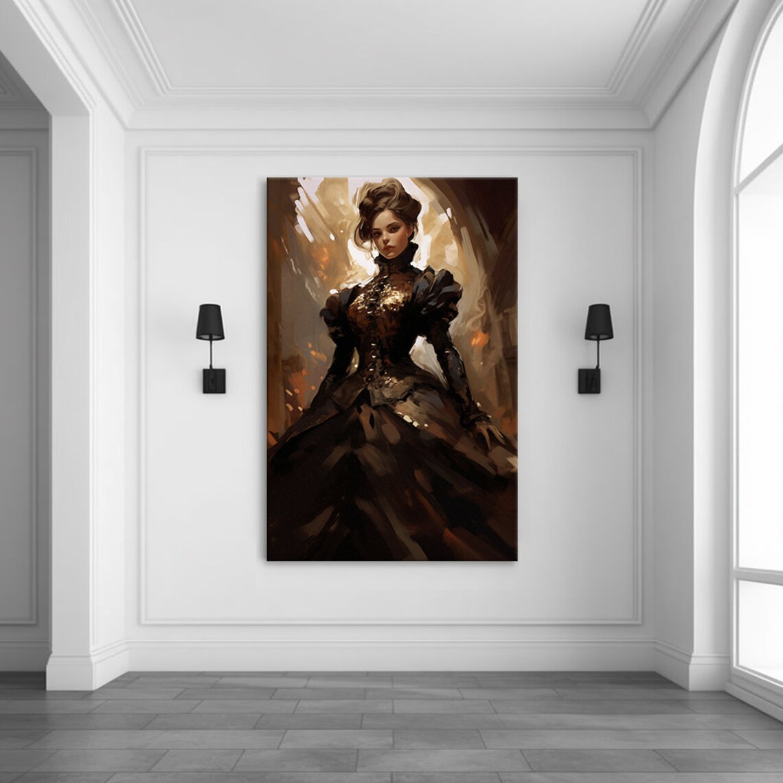 Elegant Lady in Brown Victorian Gown Golden Glow Baroque Art Poster - Image 3