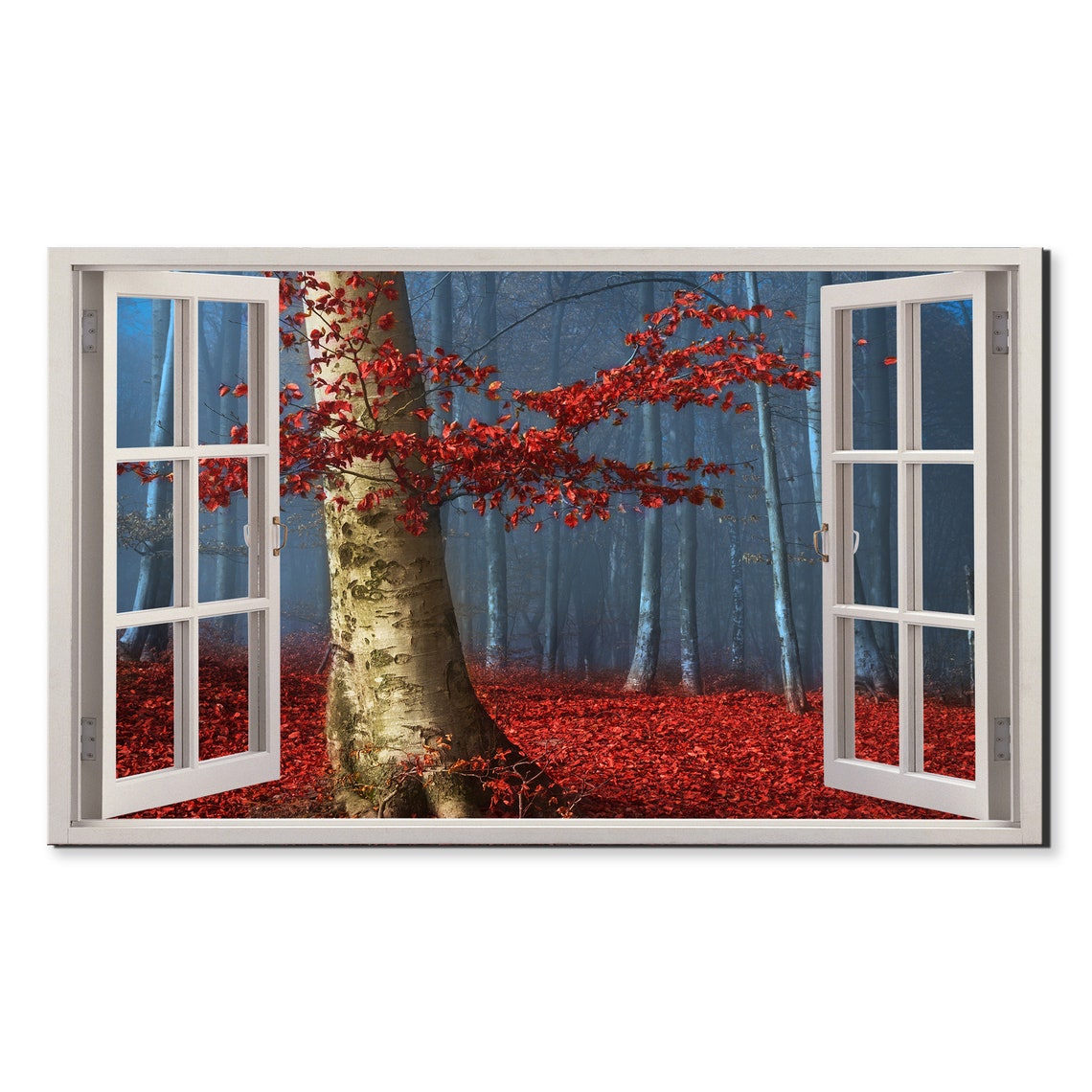 Open Window View Red Autumn Forest Misty Blue Trees Nature Wall Poster