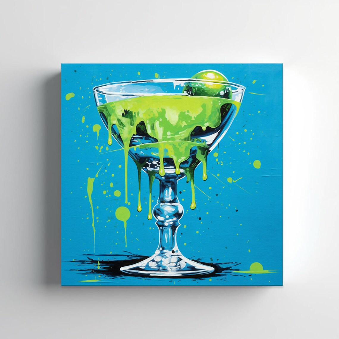 Green Lime Cocktail Dripping Glass Pop Art Blue Modern Bar Poster - Image 3