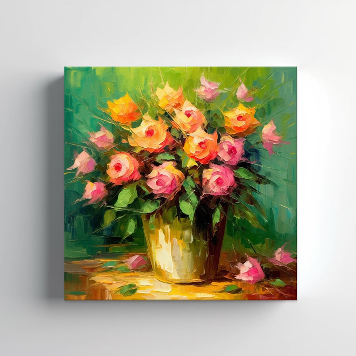 Pink Orange Roses Bouquet Golden Bucket Green Background Floral Poster - Image 2